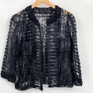 Anna Sui Black Floral Lace and Sequin Sheer Open Front Cardigan Sweater Size 10
